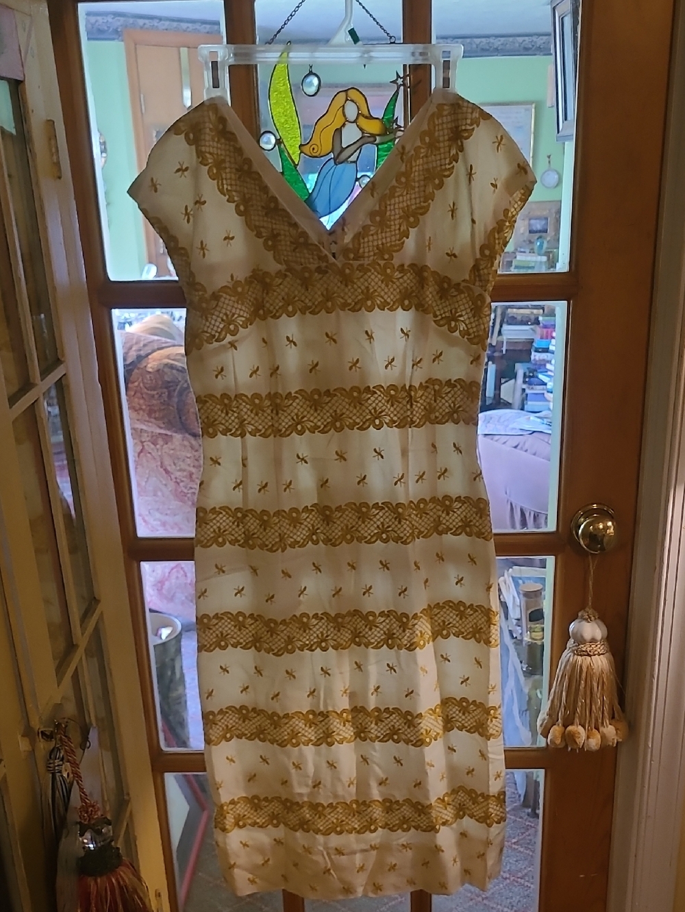 Lilli Diamond . White Midi Dress with Gold Cotton Lace Stripes